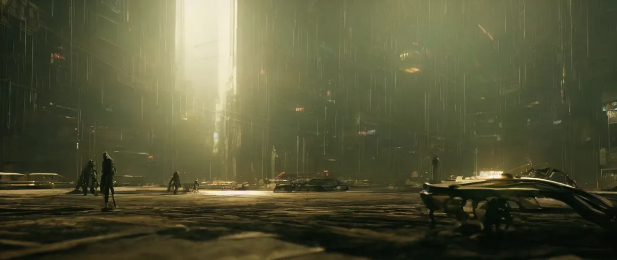 Image similar to realistic screenshot from cyberpunk movie, intricate, moody lighting, highly detailed, cinematic, photoreal octane rendering, denis villeneuve, craig mullins, ridley scott