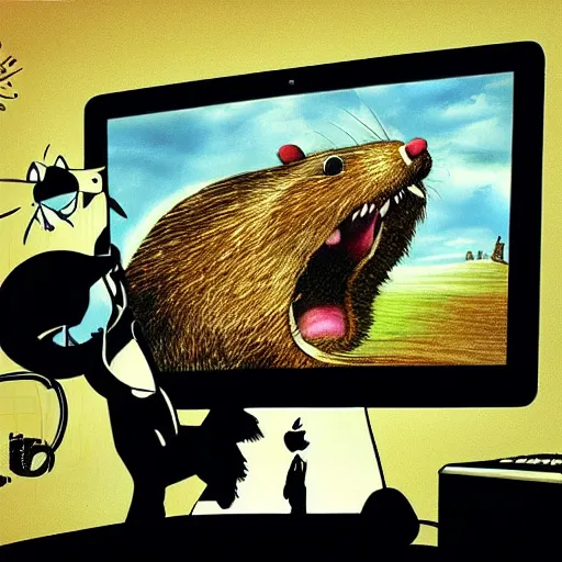 Prompt: a giant rodent kicks is trying to eat imac monitor. folk horror style art