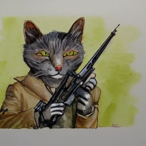 Prompt: an anthropomorphic cat using a sniper rifle to hunt a mouse. watercolor.