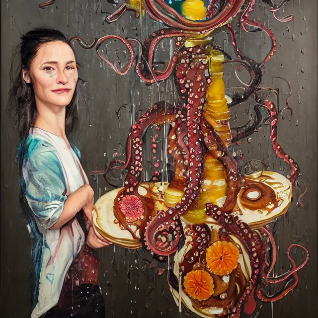 Image similar to a portrait in an elevator, a woman holding pancakes, honey dripping, berries dripping, scientific instruments, ikebana, octopus, neo - expressionism, surrealism, acrylic and spray paint and oilstick on canvas