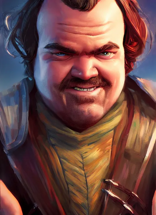 Image similar to A fantasy comic book style portrait painting of jack black as a halfling thief, unreal 5, DAZ, hyperrealistic, octane render, RPG portrait, dynamic lighting