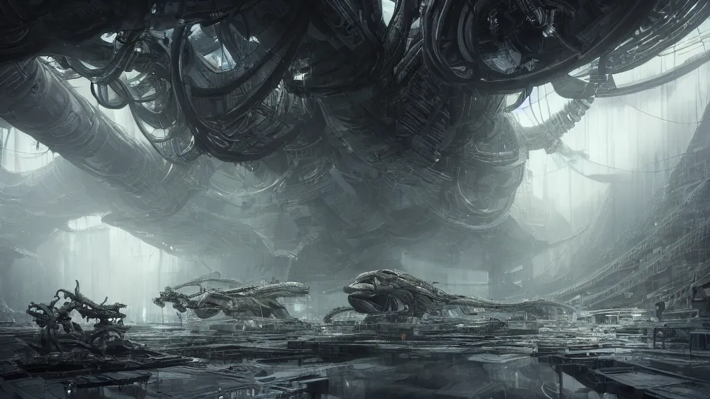 Image similar to a Photorealistic dramatic hyperrealistic,hyper detailed render by Greg Rutkowski,Craig Mullins,Nicolas Bouvier SPARTH, Juan Gimenez,Enki Bilal,ILM of an Epic Sci-Fi, Gigantic Alien xenomorph spaceship inside huge interior hangar,intricate bio mechanical surface details,many tubes and cables hanging from the ceiling,Beautiful dynamic dramatic dark moody lighting,contrast and shadows,Volumetric,Cinematic Atmosphere,Octane Render,Artstation,8k