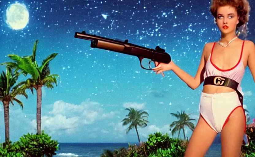 Image similar to 1 9 8 6 vintage movie screencap of a girl with a gun on a mediterranean mansion, gucci clothes, night sky, beach and tropical vegetation on the background major arcana sky and occult symbols, extremely ultra high quality photo 8 k