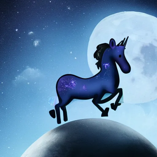 Prompt: A lonely dark-blue unicorn with wings sits on the moon's surface, sitting in the moon dust crying