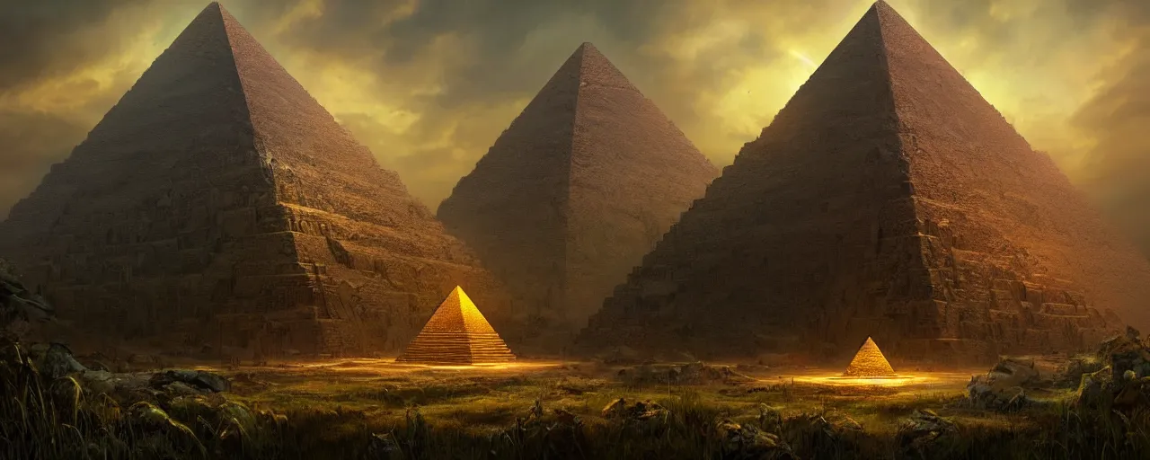 Image similar to an intricate concept art of a hidden pyramid with golden door in the middle of mountains undergrowth, photorealistic movie still, sci - fi, hyper realistic, concept art, art by dylan cole, feng zhu, artgerm, greg rutkowski, cinematic lighting, octane render