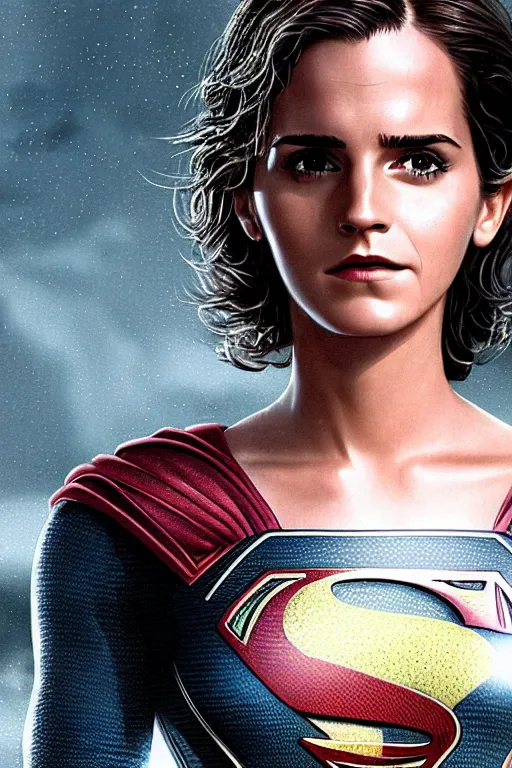 Image similar to a fancy close up of Man of Steel cast as Emma Watson by Greg Rutkowski, full body shot