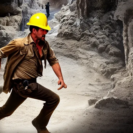 Image similar to indiana jones running away from a construction worker in a cave