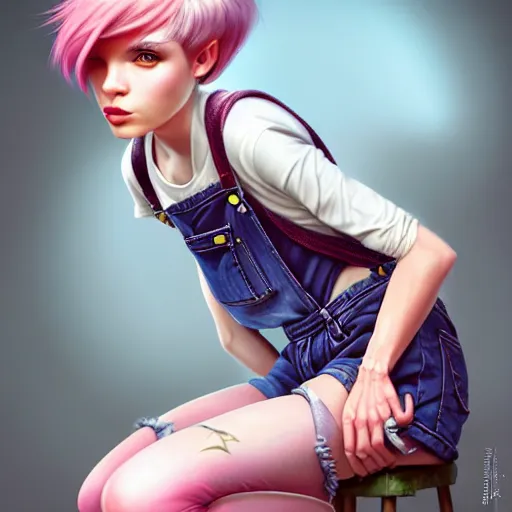 Image similar to full body pose, pixar, beautiful androgynous girl, pink pixie cut hair, torn overalls, short shorts, combat boots, fishnets, beautiful, highly detailed face, true anatomy!, extremely detailed!, digital painting, unreal engine 5, art by tom bagshaw