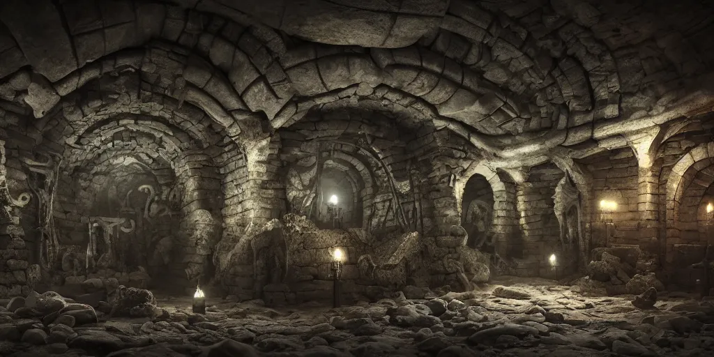 Image similar to ancient catacombs, dark fantasy, sigils, runes, magic, cinematic, graffiti art, scifi, fantasy, hyper detailed, octane render, ue 5