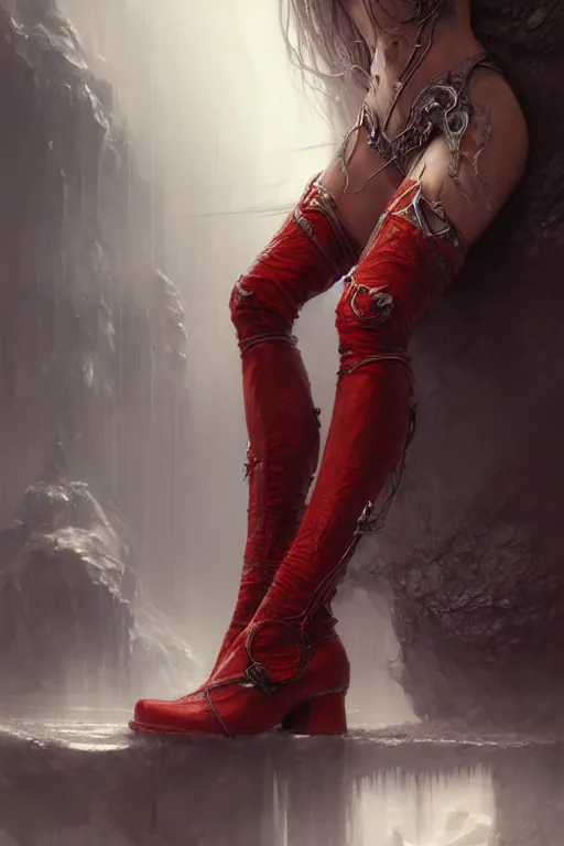 Image similar to red women's boots, shoes only, by wlop, by luis royo, by peter mohrbacher, concept art, digital illustration, intricate, masterpiece, elegant, super detailed, unreal engine rendering, smooth, sharp focus, artstation hq