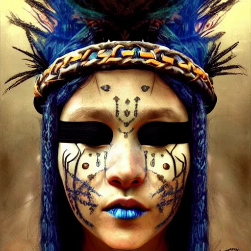 Image similar to A young blindfolded shaman woman with a decorated headband performing a pagan ritual, in the style of heilung, blue hair dreadlocks and wood on her head, tribal piercing and tatoos , atmospheric lighting, intricate detail, cgsociety, ambient light, dynamic lighting, art by karol bak