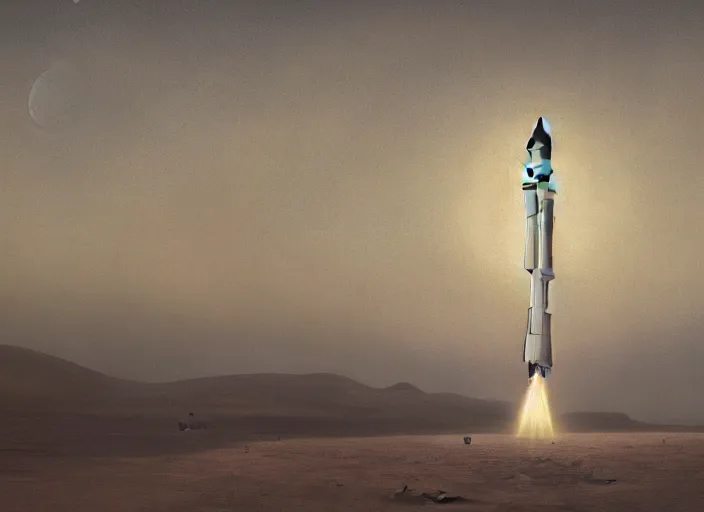 Image similar to a silver vintage and minimalist rocket has landed in a desert, by jean delville and sophie anderson and mandy jurgens, retrofuturism, moody atmosphere, cinematic atmospheric, cinematic lighting, golden ratio, perfect composition, elegant, no crop, extremely detailed, 4 k, hd, sharp focus, masterpiece, trending on artstation