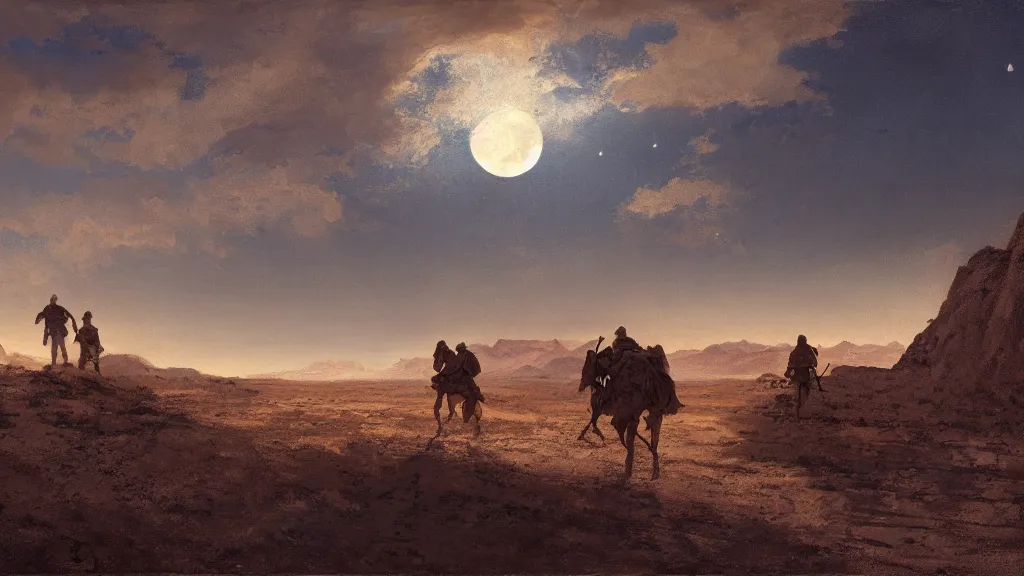 Image similar to patrick j. jones. rutkowski. approaching the last citadel in the lonely desert by moonlight. 3 8 4 0 x 2 1 6 0