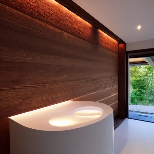 Prompt: a nice wooden bathroom , sink placed in a long wooden corner, wide horizontal window with a view to the Alpes, a technologic Japanese toilet, dichroic lights on the ceiling