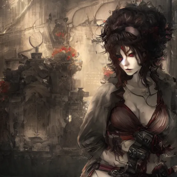 Image similar to christina hendricks!!! goth, tankoban, 4 k, tone mapping, akihiko yoshida, james jean andrei riabovitchev marc simonetti, yoshitaka amano, long hair, curly, h. hydrochaeri