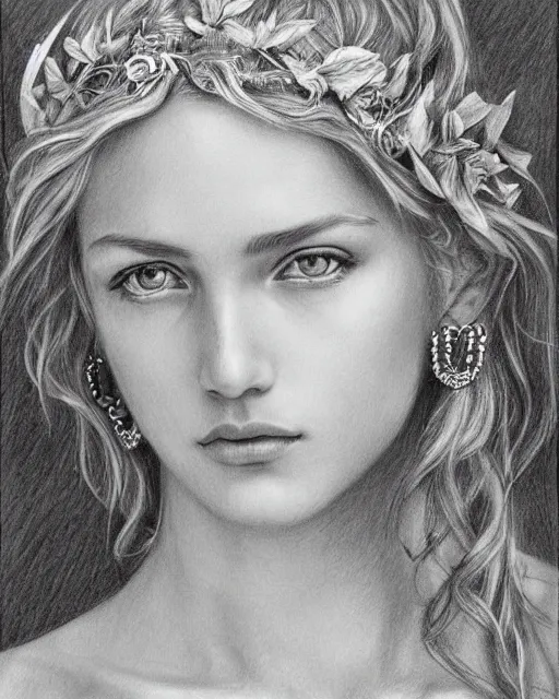 Image similar to pencil drawing of a beautiful greek goddess aphrodite wearing a laurel wreath and arrowhead earrings, beautiful confident and piercing eyes, beautiful blonde hair, hyper realistic face, in the style of greg rutkowski, fantasy, amazing detail, epic, elegant, smooth, sharp focus, from the front