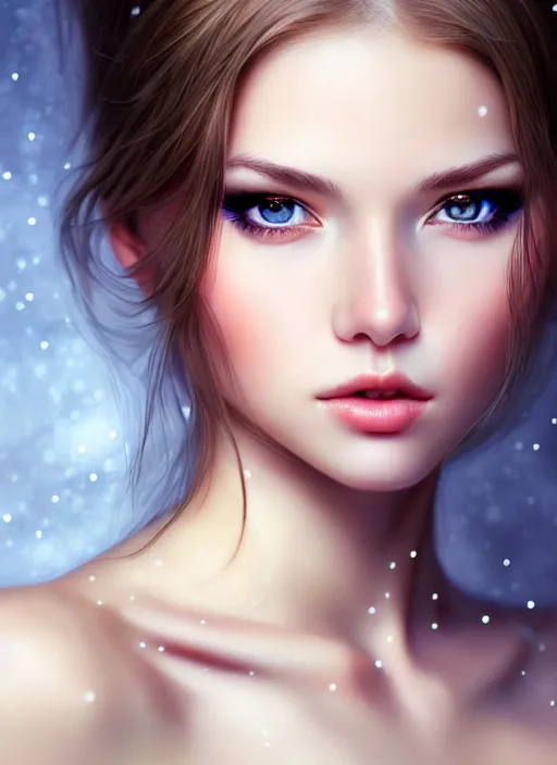 Image similar to a gorgeous female photo, professionally retouched, soft lighting, half body shot, realistic, smooth face, perfect eyes, symmetrical, wide angle, sharp focus on eyes, 8 k high definition, insanely detailed, intricate, elegant, art by artgerm, snow