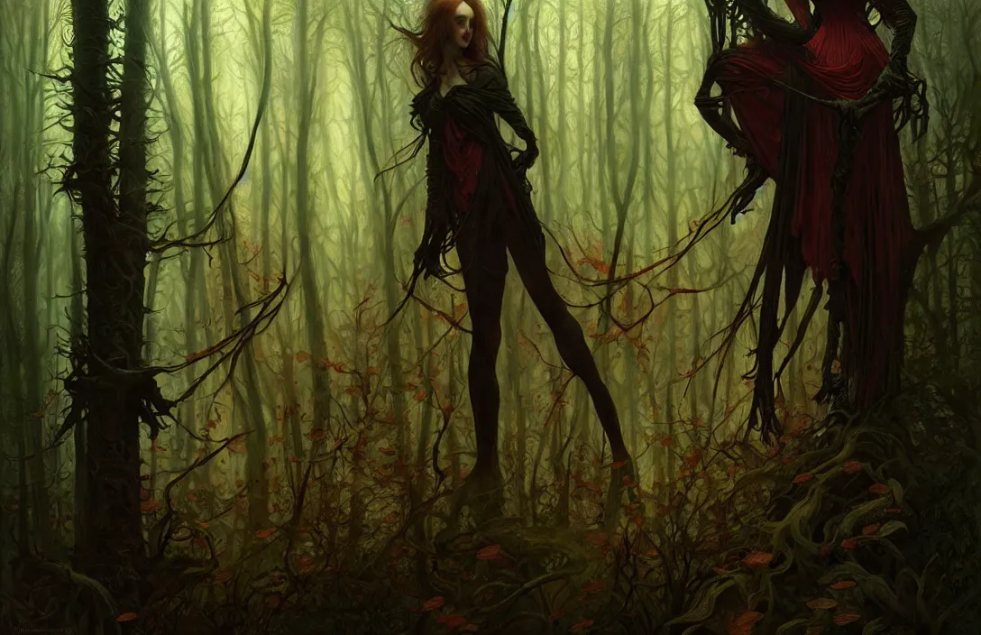 Image similar to inside a dark horror forest, heroic lighting, folklore, intricate, elegant, highly detailed, lifelike, photorealistic, digital painting, artstation, illustration, concept art, smooth, sharp focus, art by John Collier and Albert Aublet and Krenz Cushart and Artem Demura and Alphonse Mucha