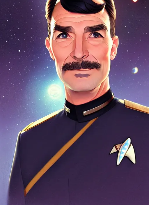 Image similar to cute star trek officer daniel plainview, natural lighting, path traced, highly detailed, high quality, digital painting, by don bluth and ross tran and studio ghibli and alphonse mucha, artgerm