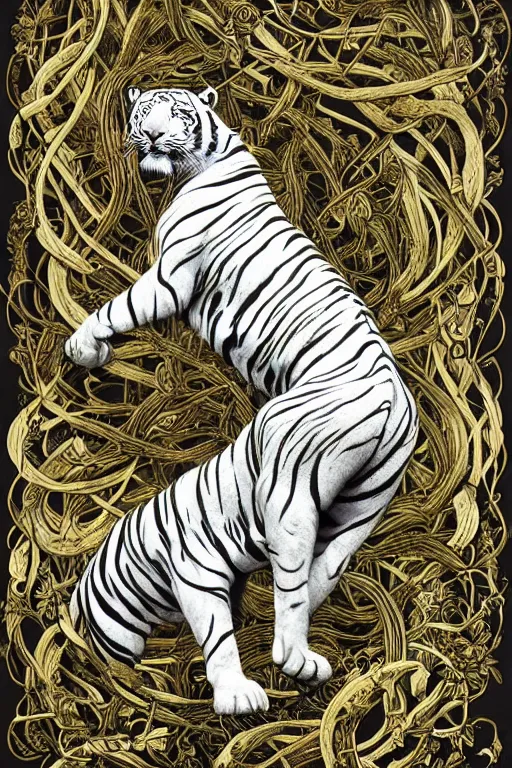 Image similar to ultra realistic full - body white tiger wrapped in vines and white flowers + black paper + elements + white + gold + cyan + baroque + rococo + ink, marc simonetti, paul pope, peter mohrbacher, detailed, intricate ink illustration