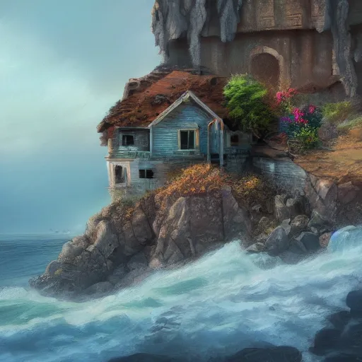 Image similar to aesthetic iridescent crumbling cottage on a cliff by the sea, oil on canvas, artstation, soft render