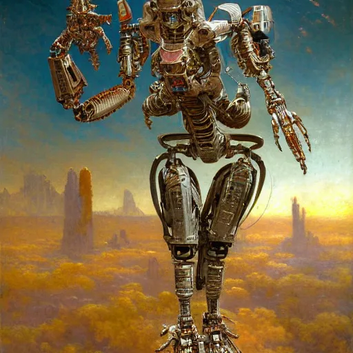 Image similar to highly detailed painting of a robotic humanoid lizard mecha, painting by gaston bussiere, craig mullins, j. c. leyendecker, lights, art by ernst haeckel, john william godward, hammershøi, alex grey, dmt, symmetric, masterpiece details, hyper - detailed, hd, hdr, 4 k, 8 k