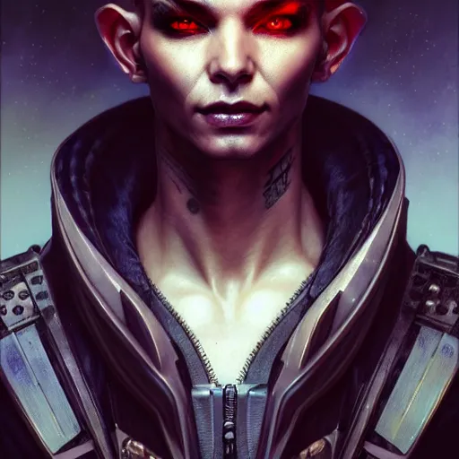 Image similar to portrait painting of a cyberpunk elf mercenary bill kaulitz, ultra realistic, concept art, intricate details, eerie, highly detailed, photorealistic, octane render, 8 k, unreal engine. art by artgerm and greg rutkowski and charlie bowater and magali villeneuve and alphonse mucha