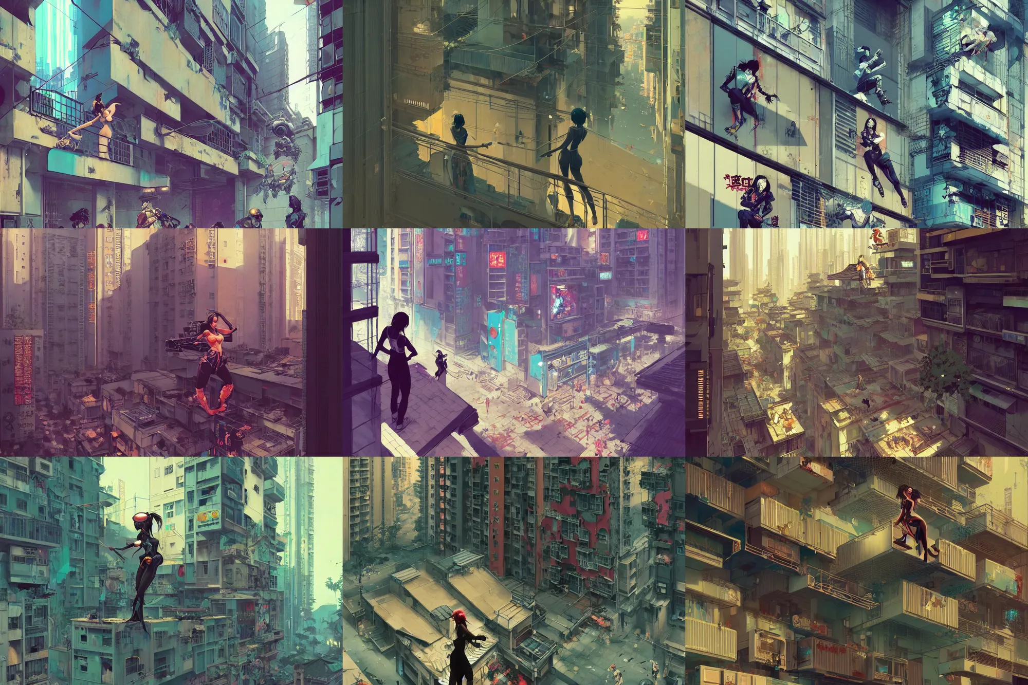 Prompt: duotone olive illustration of beautiful cyberpunk kowloon balcony, beautiful alluring anime woman, composition accidental renaissance golden ratio, stunning action poses, cinematic, by sachin teng and sergey kolesov and ruan jia and heng z and wlop. graffiti art, scifi, fantasy, hyper detailed. octane render. concept art. trending on artstation