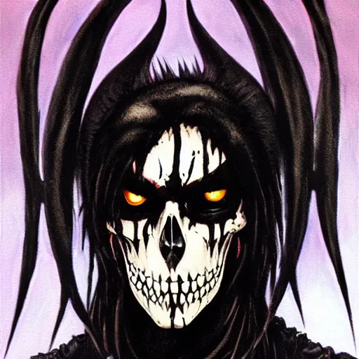 Image similar to a portrait of the grim reaper as a punk rocker, punk, skeleton face, mohawk, dark, fantasy, leather jackets, spiked collars, spiked wristbands, piercings, boots, electric guitars, motorcycles, ultrafine detailed painting by frank frazetta and vito acconci and michael whelan and takeshi obata, death note style, detailed painting