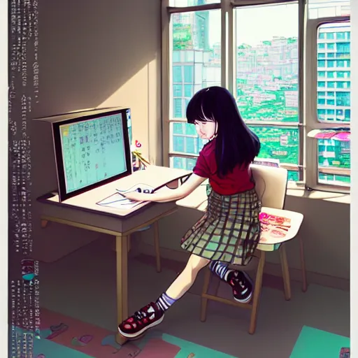 Image similar to full view of girl studying at her future computer, in taipei, style of yoshii chie and hikari shimoda and martine johanna and studio ghibli, highly detailed