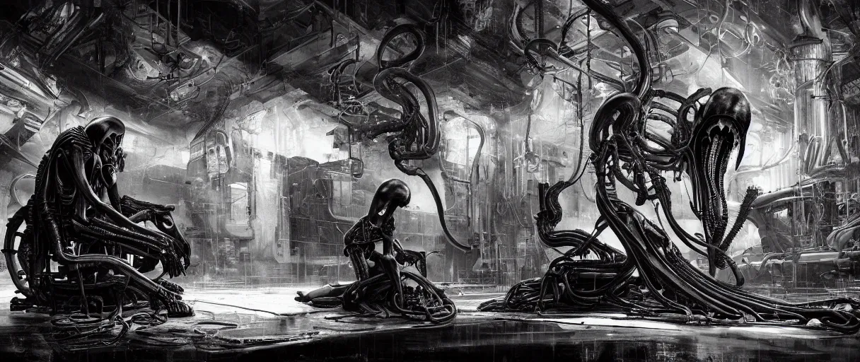 Prompt: duotone noir hyperreal concept illustration of black xenomorph alien machinery engineer sitting in chair by hr giger. cosmic horror atmosphere. accidental renaissance composition. cinematic volumentric lighting. by sachin teng and sergey kolesov and ruan jia and heng z. graffiti art, scifi, fantasy, hyper detailed. octane render. trending on artstation