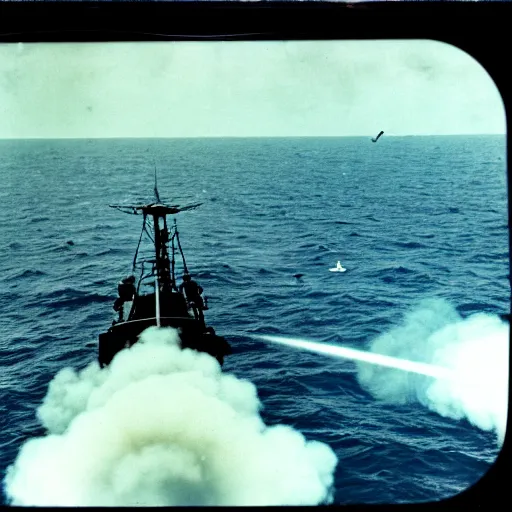 Image similar to view from a batteship firing a broadside, kamikaze planes diving, world war ii, high resolution photo
