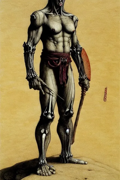 Image similar to character concept art, full view. a large grayskinned covered in scars muscular calm man with black shorn hair. calm face. partially dressed in armor made entirely of bones, long loincloth, thick belt, kneepads. extremely high details, solo, realistic, masterpiece, art by beksinski, arthur rackham, dariusz zawadzki