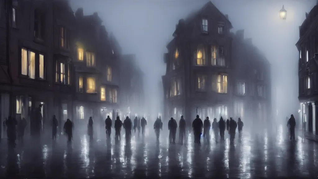 Prompt: a crowd of people on street of the old town with houses in the windows of which the light is on. early morning, fog on ground, wet street. mike barr painting. volumetric light, dull colors, dark, noir arthouse, 3 5 mm, hight detalied, hd, 4 k