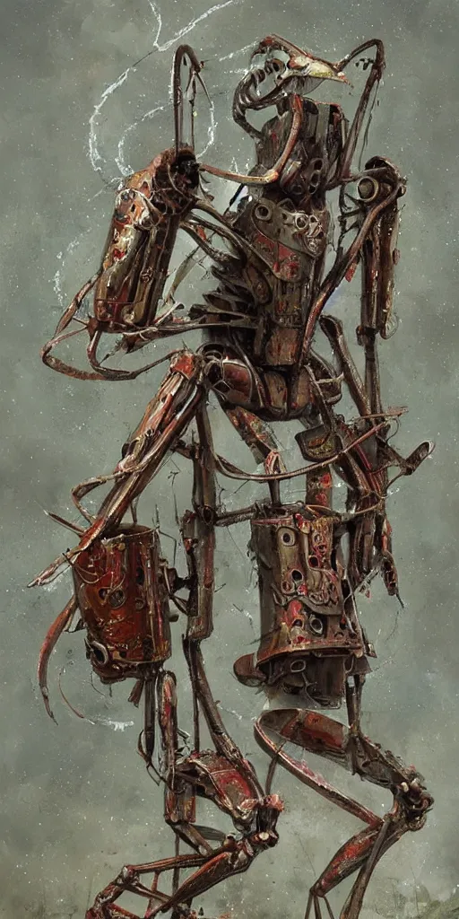 Prompt: a praying mantis wearing full body armor, rusted metal with red stripes and silver patches. by greg rutkowski, by Peter Mohrbacher and shaun tan.