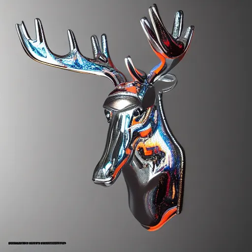 Prompt: chrome moose, glossy, metallic, neon, symmetrical, tribal patterns, realistic, unreal engine, octane, redshift, artstation, behance