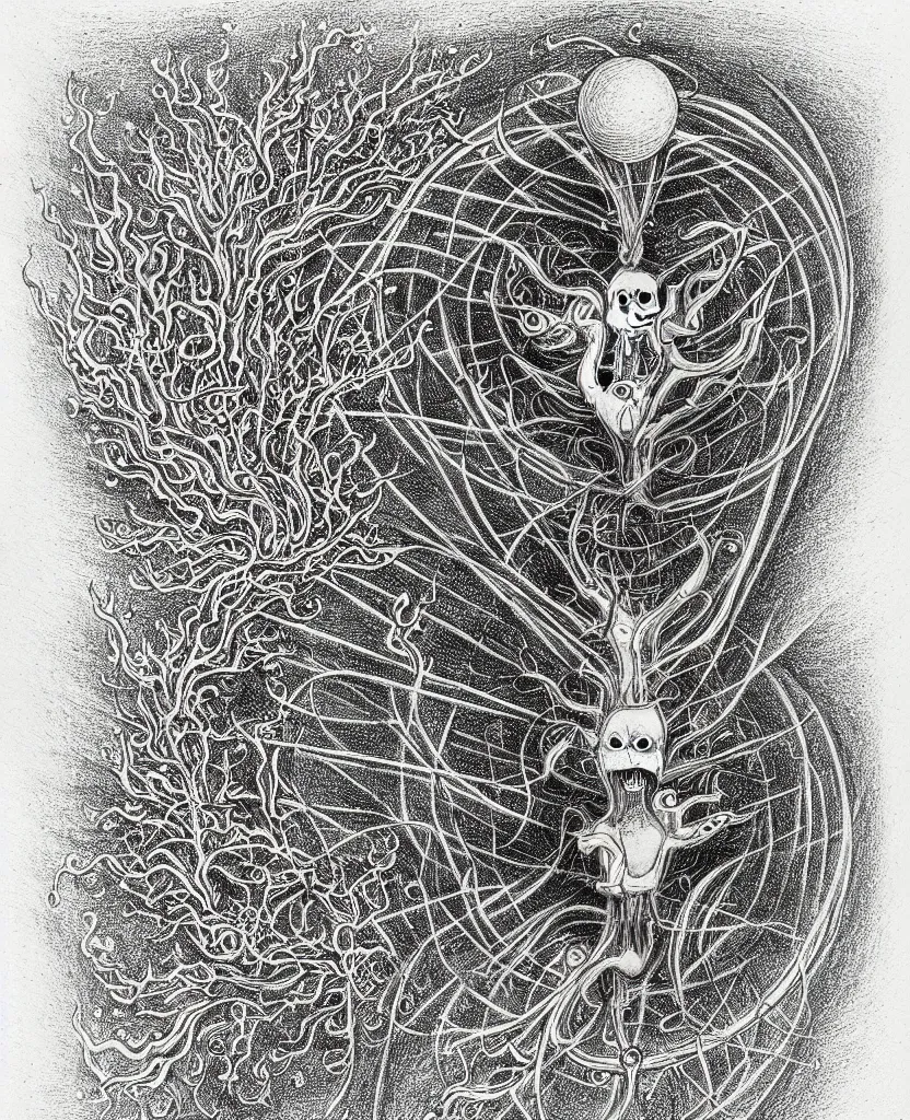 Image similar to whimsical freaky creature sings a unique canto about'as above so below'being ignited by the spirit of haeckel and robert fludd, breakthrough is iminent, glory be to the magic within, stipple shaded drawing by ronny khalil