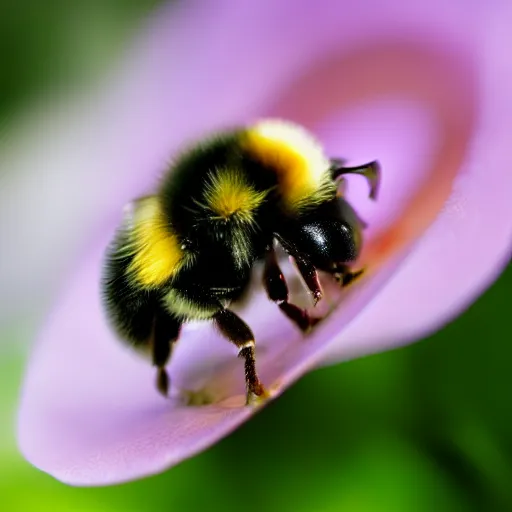 Prompt: a bumblebee with floral anatomy sits on a finger, 5 0 mm lens, f 1. 4, sharp focus, ethereal, emotionally evoking, head in focus, volumetric lighting, blur dreamy outdoor