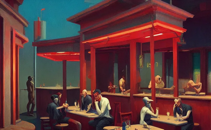 Image similar to Mysteriuos Tavern, very coherent, painted by Edward Hopper, Wayne Barlowe, painted by James Gilleard, airbrush, art by JamesJean