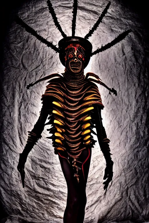 Image similar to dressed senobith, symmetrical, cinematic, elegant, dark, real photography, costume made by clive barker, 4 k, ultra hd, sense of awe