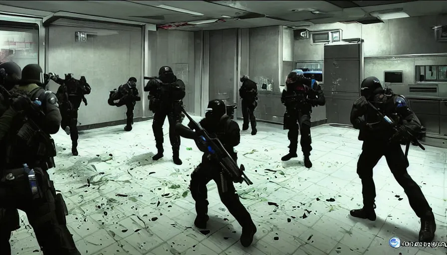 Image similar to 2020 Video Game Screenshot, Anime Neo-tokyo Cyborg bank robbers vs police, Set inside of the Bank, Open Vault, Multiplayer set-piece Ambush, Tactical Squads :19, Police officers under heavy fire, Police Calling for back up, Bullet Holes and Realistic Blood Splatter, :6 Gas Grenades, Riot Shields, Large Caliber Sniper Fire, Chaos, Metal Gear Solid Anime Cyberpunk, Akira Anime Cyberpunk, Anime Bullet VFX, Anime Machine Gun Fire, Violent Action, Sakuga Gunplay, Shootout, :14 Quibli MToon Shader :19 , Inspired by Intruder :11 Cel Shaded by Katsuhiro Otomo: 19, 🕹️ 😎 🚬