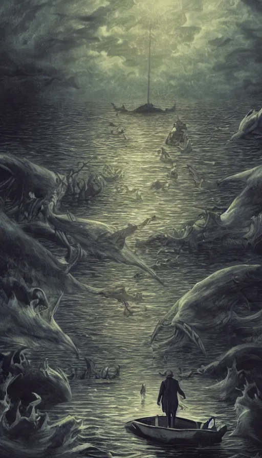 Image similar to man on boat crossing a body of water in hell with creatures in the water, sea of souls, by wit studio