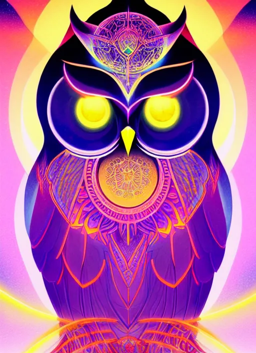 Image similar to symmetry!! product render poster vivid colors divine proportion owl, 神 圣, glowing fog intricate, elegant, highly detailed, digital painting, artstation, concept art, smooth, sharp focus, illustration,