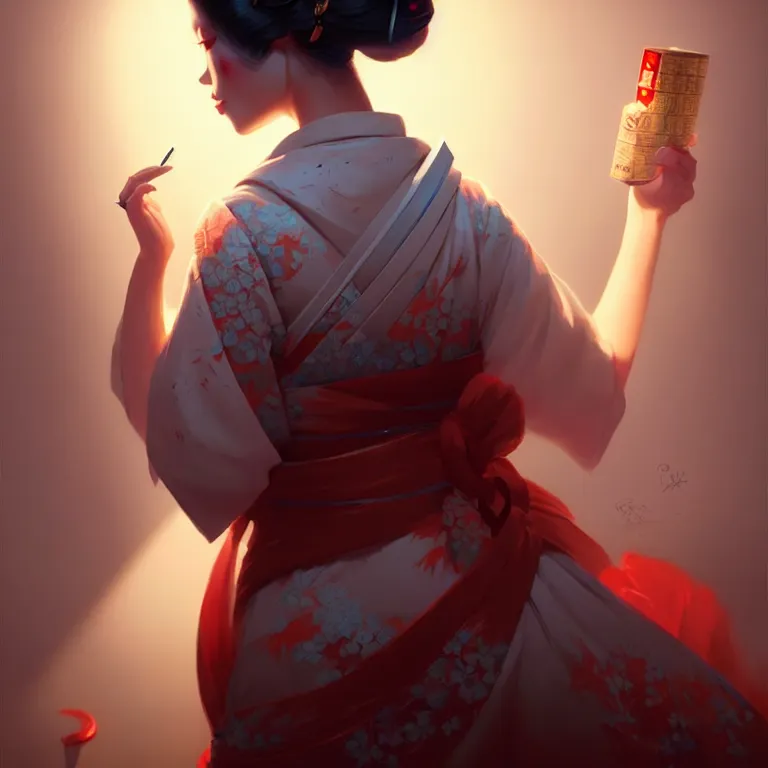 Image similar to pretty geisha, d & d digital painting, ultra realistic, beautiful, volumetric lighting, cell shading, by james jean, greg rutkowski, wlop