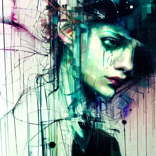 Prompt: beautiful young woman cyber dreamer glitchcore wires, machines, by jeremy mann, francis bacon and agnes cecile, and dave mckean ink drips, paint smears, digital glitches glitchart