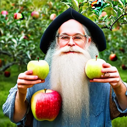 Prompt: beautiful professional photograph of a wizard with a very long white beard, creating, making, brewing, potions, elixirs, potions, in an apple orchard