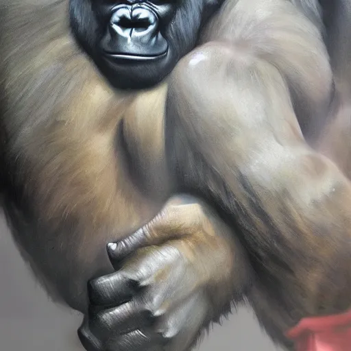 Image similar to a gorilla curling weights, training biceps at the gym, perfect high resolution, painting oil in canvas, highly detailed, trending on art station, cgsociety