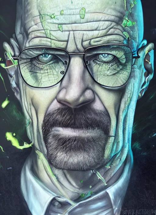 Image similar to a Demon Slayer portrait of Walter White, tall, pale-skinned, slender with lime green eyes and long eyelashes by Stanley Artgerm, Tom Bagshaw, Arthur Adams, Carne Griffiths, trending on Deviant Art, street art, face enhance, chillwave, maximalist, full of color, glittering
