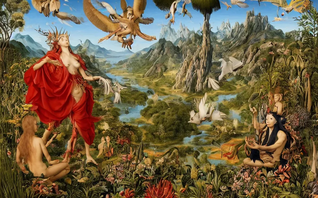 Image similar to a portrait photograph of a meditating harpy and a centaur king hunting tropical aliens at a wide river delta. surrounded by bulbous flowers, animals, trees and mushrooms. mountain range under a vast blue sky of burning stars. painted by jan van eyck, max ernst, ernst haeckel and artgerm, cgsociety, artstation, fashion editorial