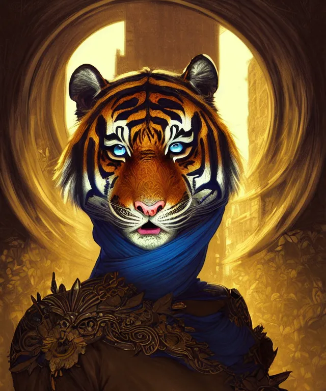 Prompt: anthropomorphic Tiger female, indian origin, fantasy, bright blue eyes, face, black and yellow hair, fantasy, LSD Dream Emulator, intricate, elegant, new york alleyway, moonlit, highly detailed, digital painting, artstation, concept art, smooth, sharp focus, illustration, art by artgerm and greg rutkowski and alphonse mucha